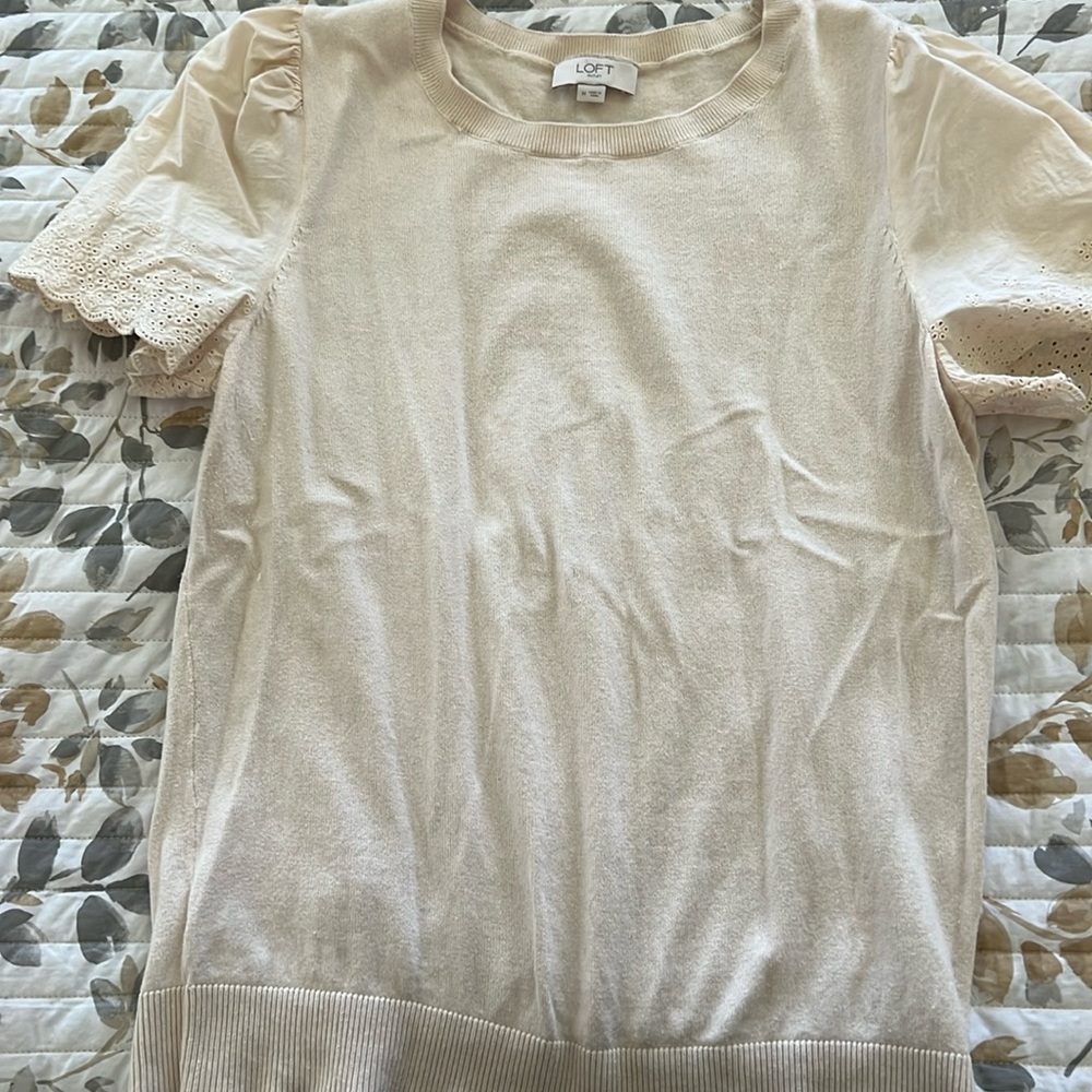 Two LOFT Knit Tops, Ivory and Mauve, Size Medium, with embroidered sleeves